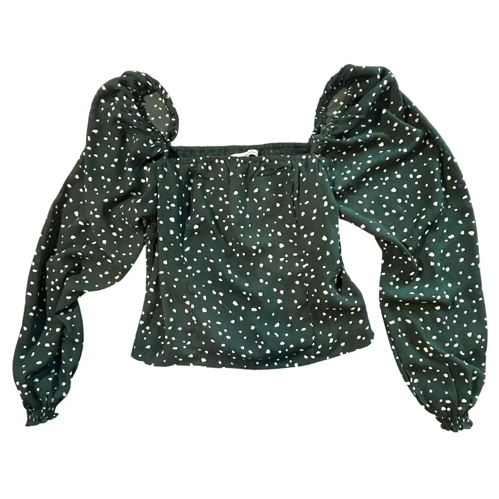 Abercrombie & Fitch Women's‎ Green Polka Dot Blouse Smocked Puff Sleeve Top S
